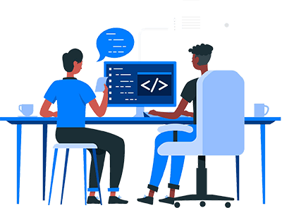 two cartoon boy and girl sitiing chairs and on lapton doing coding creating website