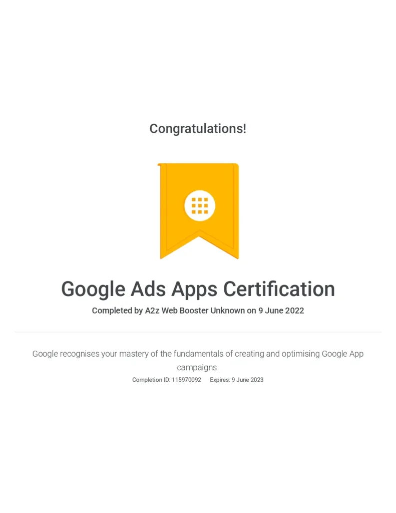 Google Ads Apps Cerificate of A2Z Web Booster