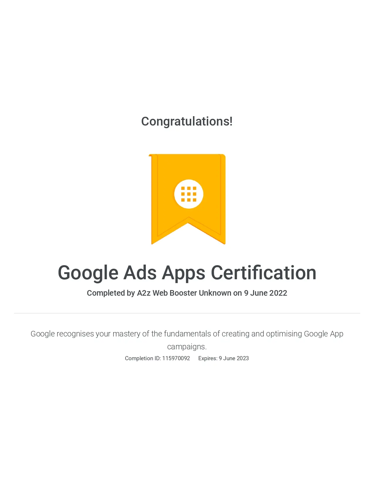 Google Ads Apps Cerificate of A2Z Web Booster