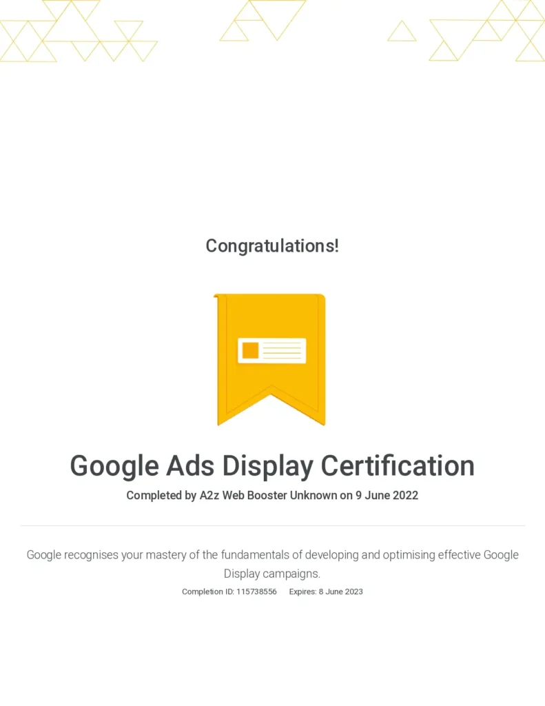 Google Ads Cerificate of A2Z Web Booster
