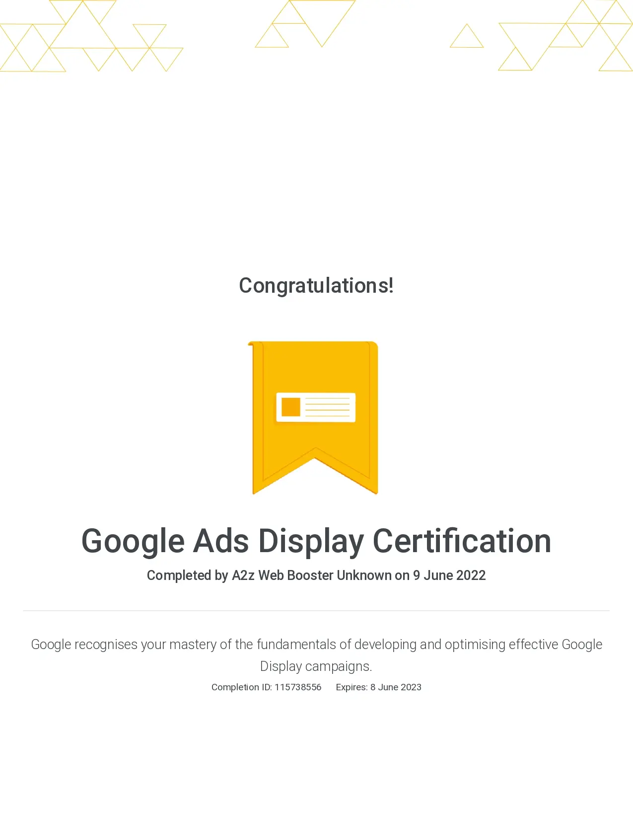 Google Ads Cerificate of A2Z Web Booster