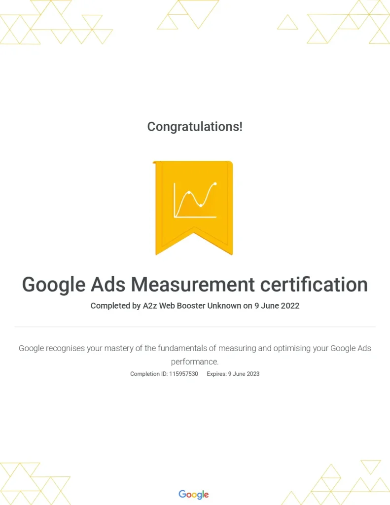 Google Ads Measurement Cerificate of A2Z Web Booster