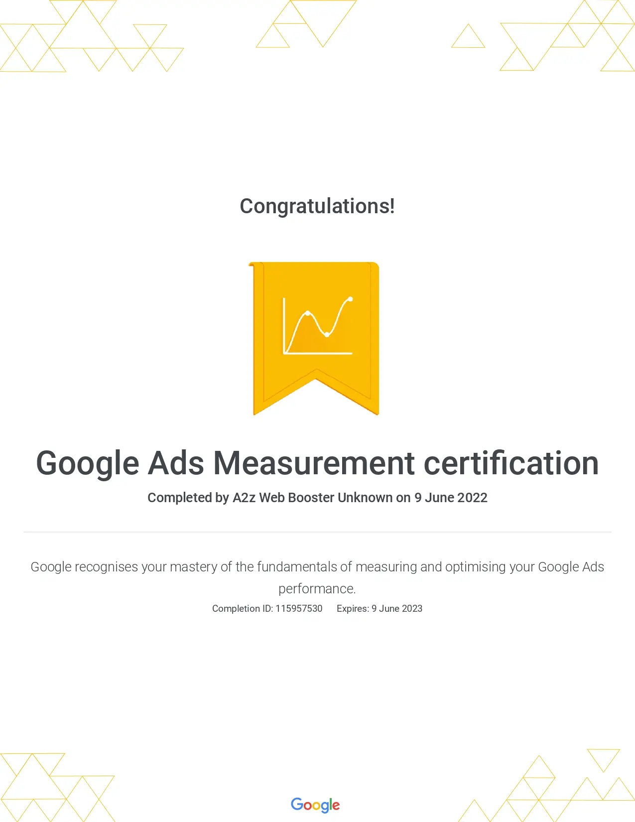 Google Ads Measurement Cerificate of A2Z Web Booster