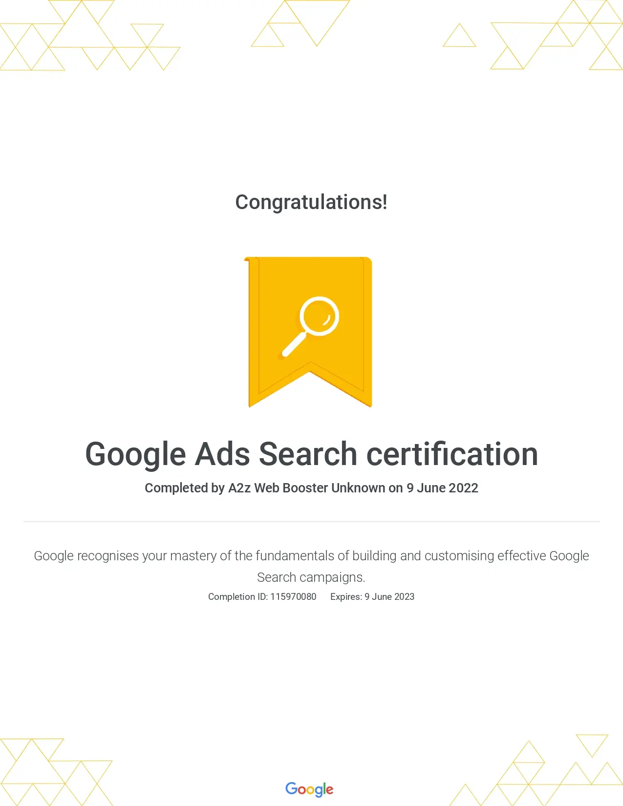 Google Ads Search Cerificate of A2Z Web Booster