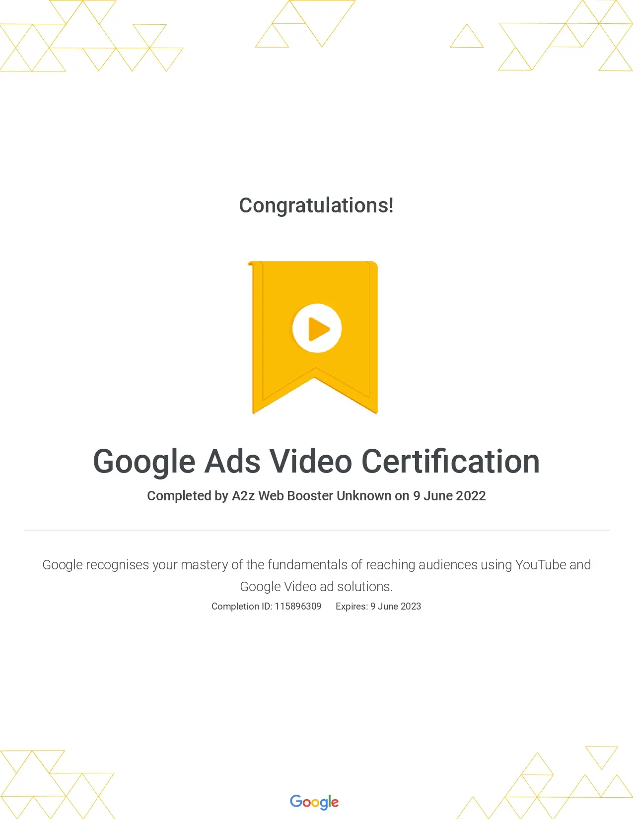 Google Ads Video Cerificate of A2Z Web Booster