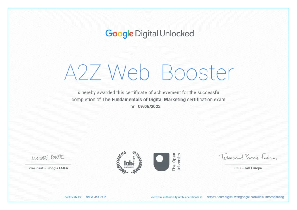 Google Cerificate of A2Z Web Booster