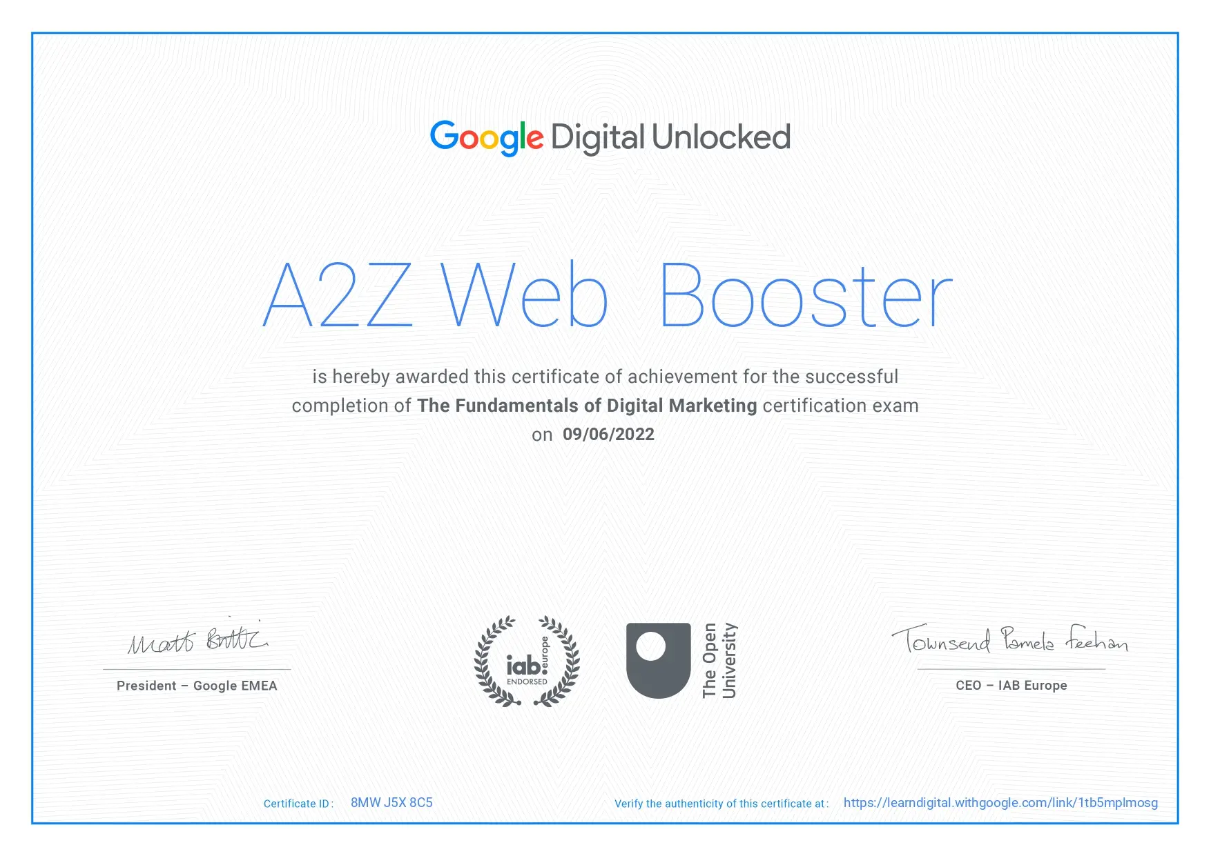Google Cerificate of A2Z Web Booster