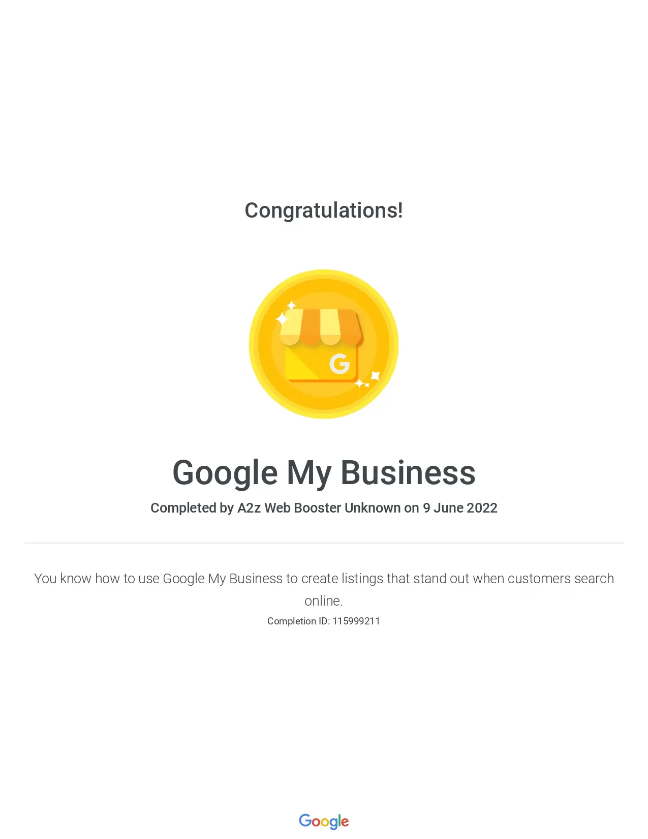 Google My Business Cerificate of A2Z Web Booster