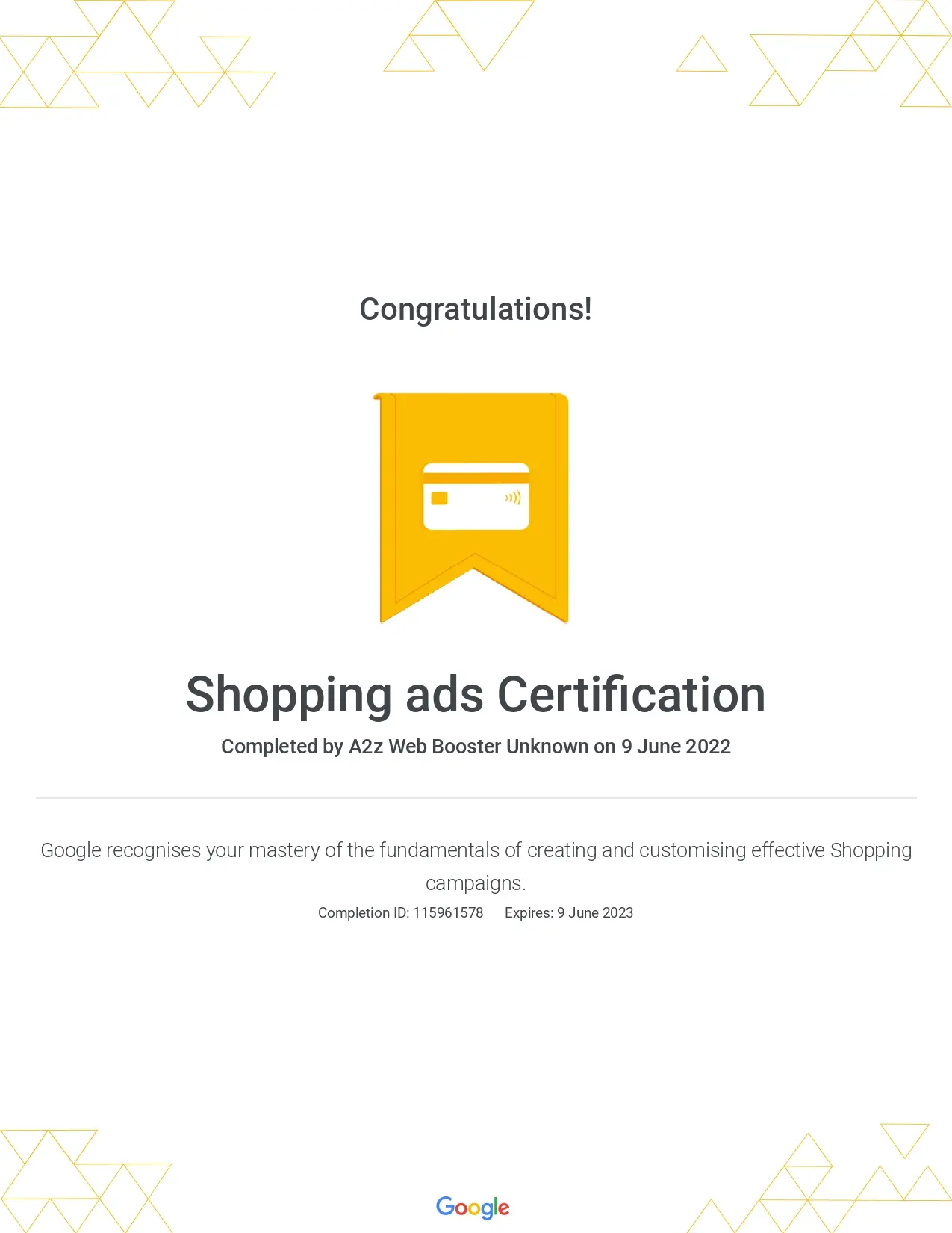 Shipping Ads Cerification of A2Z Web Booster