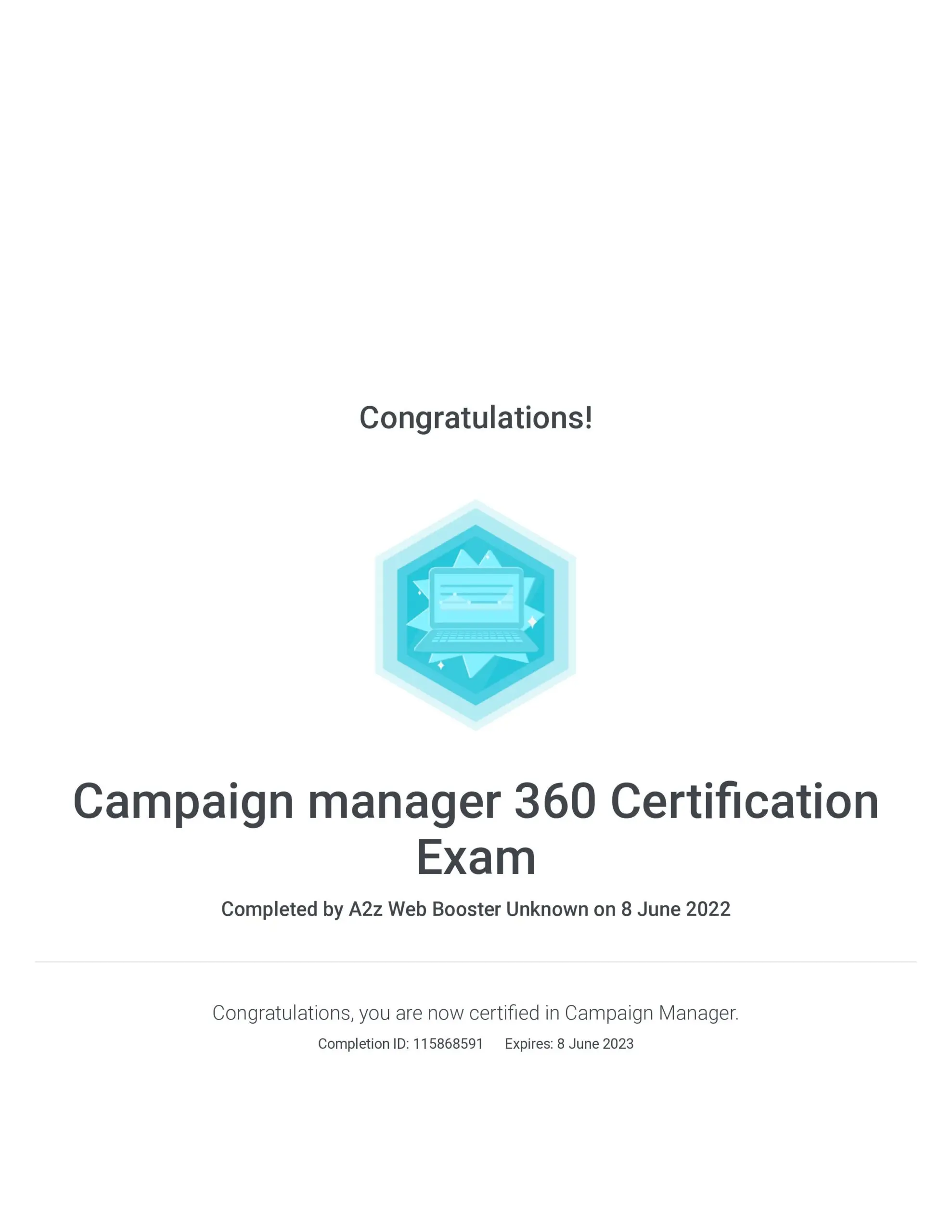 campaign manager 360 degree Cerificate of A2Z Web Booster