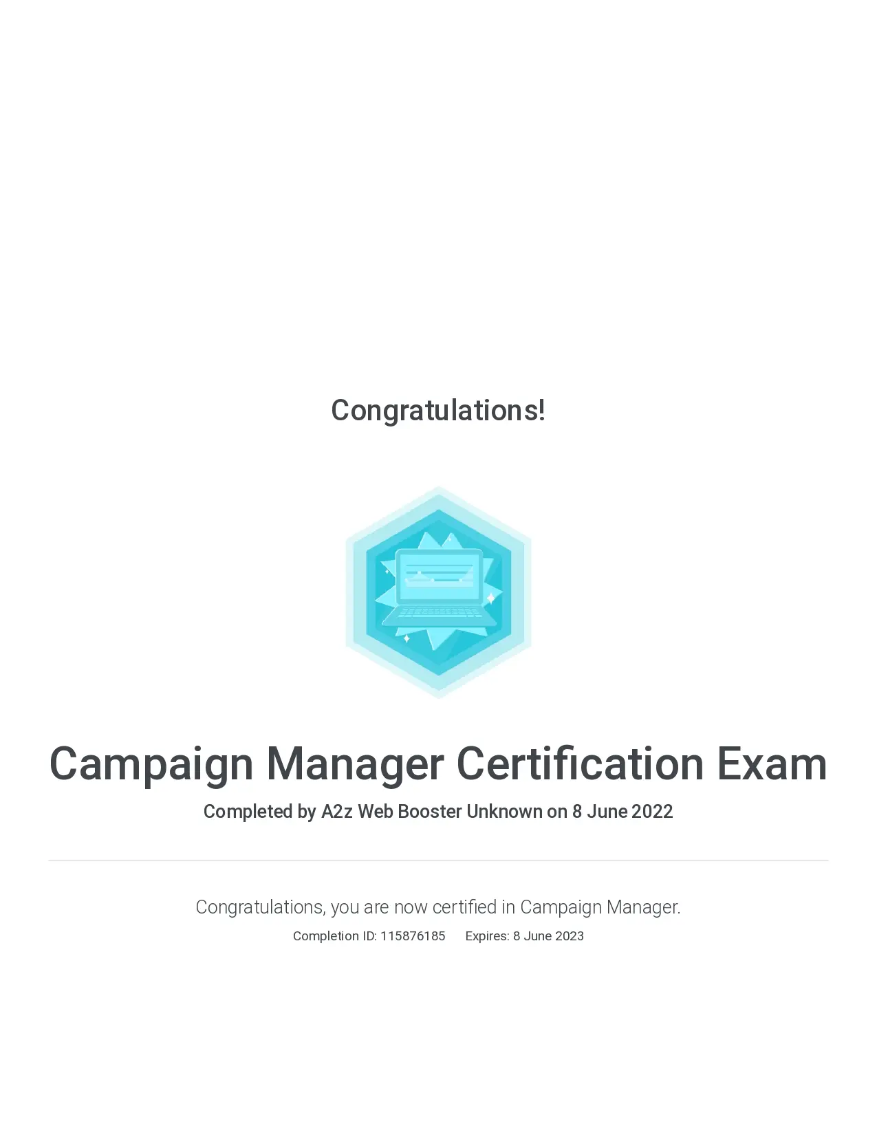 campaign manager cetification Cerificate of A2Z Web Booster