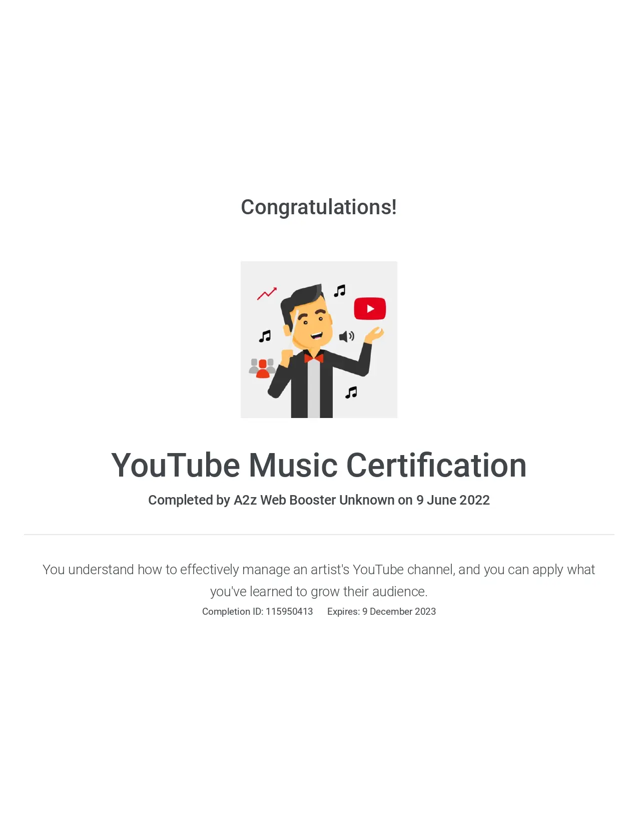youtube music Cerificate of A2Z Web Booster